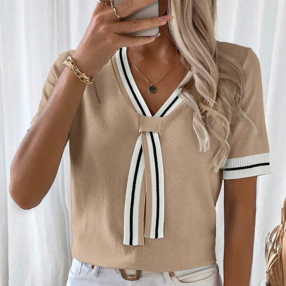 Khaki Casual Women's Contrast Color Striped Short Sleeve Knit Top